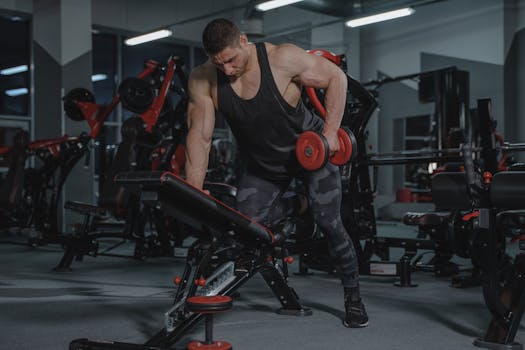 A strong, muscular man lifting dumbbells in a modern gym environment.