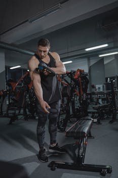 Athletic man using a massager on arm muscles in modern gym environment.
