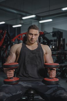 Fit man in activewear lifting dumbbells in a gym environment, displaying strength and focus.