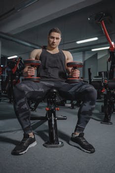 Muscular man wearing activewear lifts dumbbells while sitting in a gym, showing strength and fitness.