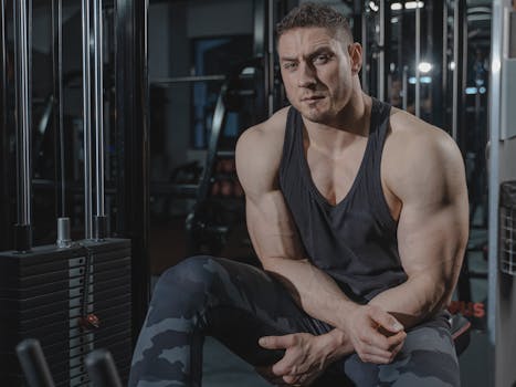 A strong, muscular man in activewear sitting in a gym setting, showcasing fitness and strength.