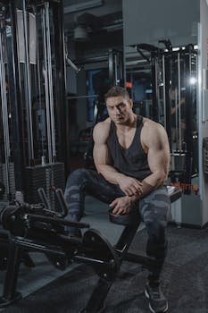 A muscular man in workout attire sitting on gym equipment, displaying strength and focus.