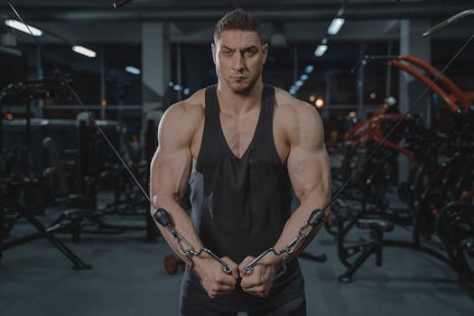 A strong man in a black tank top exercises in a gym using a cable crossover machine.