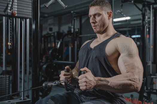 Muscular man in black tank top working out in gym on exercise machine.