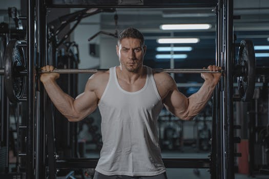 A strong, muscular man in a white tank top lifting weights in the gym.