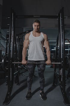 Muscular man lifting a barbell indoors, showcasing strength and fitness.