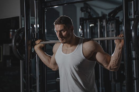 Strong man lifting weights at gym wearing a white tank top, showcasing muscle strength and fitness.