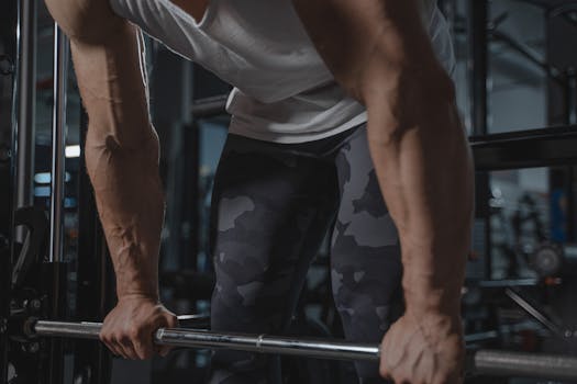 Close-up of a muscular man lifting a barbell indoors, highlighting strength and fitness.