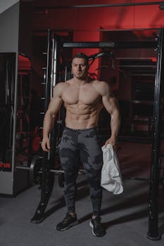 Muscular man in a gym, showcasing fitness and strength with gym equipment background.