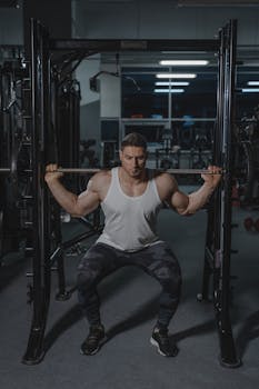 Strong man performing squat with barbell in a gym, showcasing strength and fitness.
