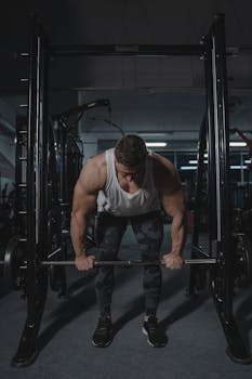 Strong adult man lifting weights in a gym for intense strength training workout.