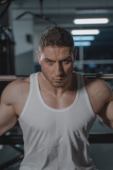 A focused man in a white tank top lifting weights in a gym setting.
