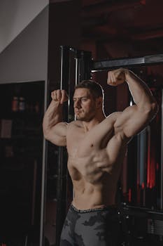 Shirtless muscular man in gym flexing biceps, showcasing bodybuilding physique and strength.