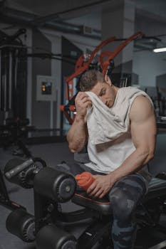 A muscular man in a gym resting and wiping sweat with a towel after a workout.