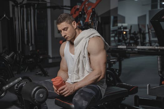 Muscular man sits in gym holding protein shaker after a workout, towel on shoulder.