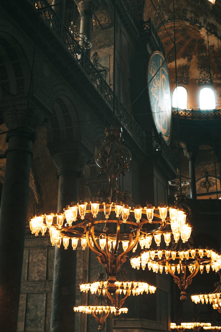 Chandeliers Inside The Hagia Sophia Museum In Turkey