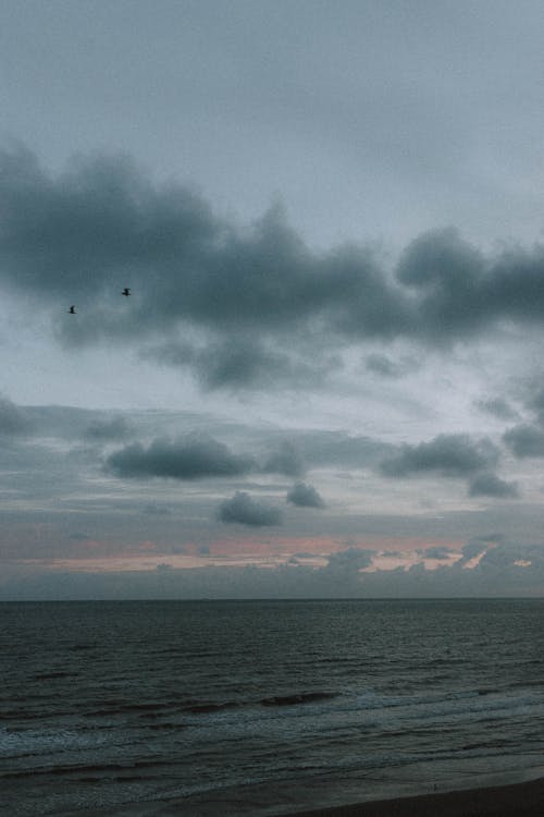 Picturesque view of quiet sea with low waves and distant red sunset with clouds in overcast