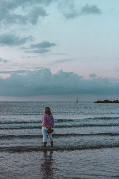 Anonymous tourist admiring seascape under sky in evening