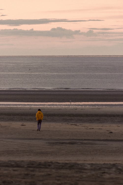 Back view of faceless traveler admiring ocean on sandy beach under cloudy sky at sundown