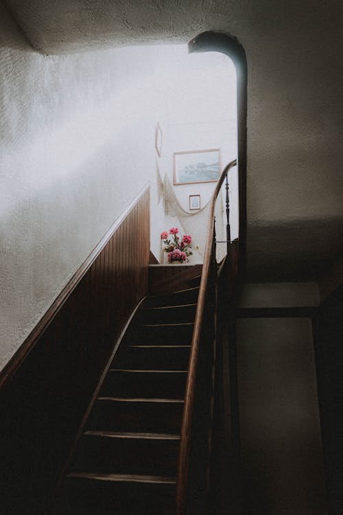 From bellow of narrow stairway with wooden steps and handrails leading to room with rays of sunlight