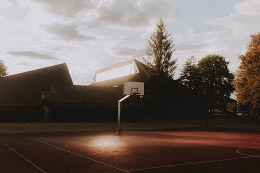 Empty  sports ground with basketball hoop located on street near building and trees at sunny day