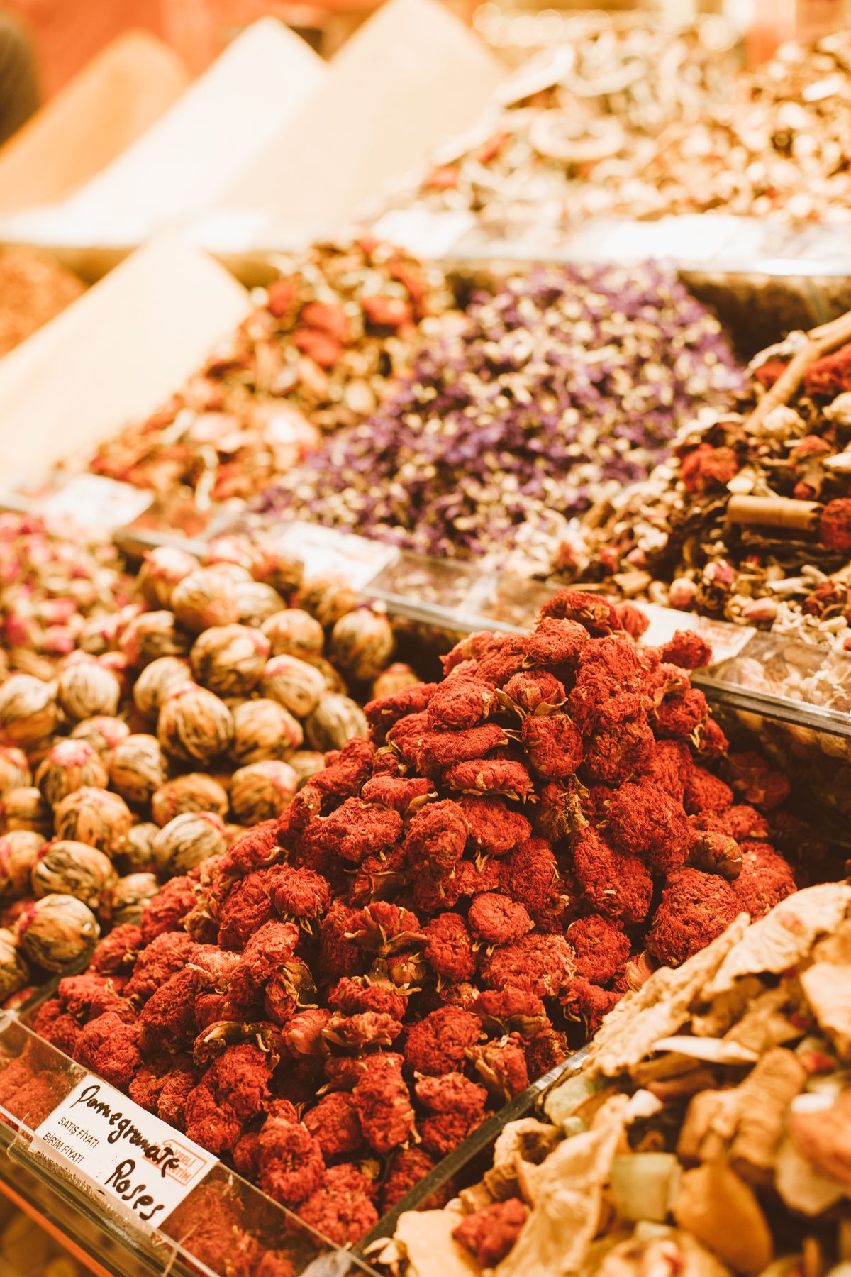 Dried fruits on trays at a market stall