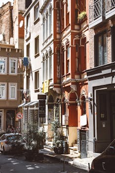Beautiful city street view with historic buildings and urban charm. Perfect for cityscape and travel themes.