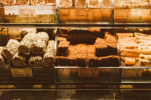 Free A variety of traditional Turkish pastries on display, showcasing baklava, and Turkish delight. Stock Photo