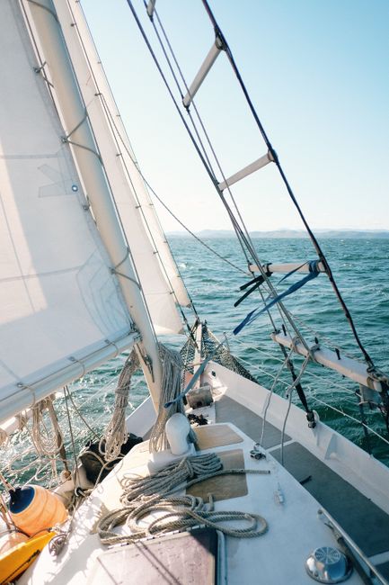 Experience the tranquility of sailing on a sunny day with this serene image of a sailboat cutting through the open sea.