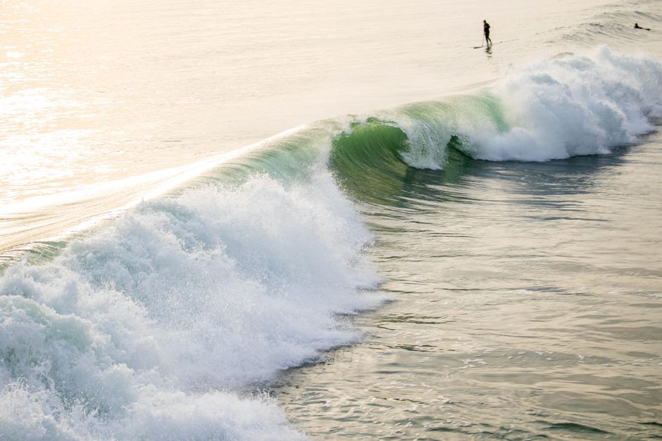 A surfer bravely navigates towering ocean waves during a serene summer evening.