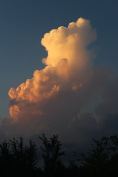 Scenery of cumulus heavy cloudy illuminated by evening sun floating on blue sky above dark trees peaks