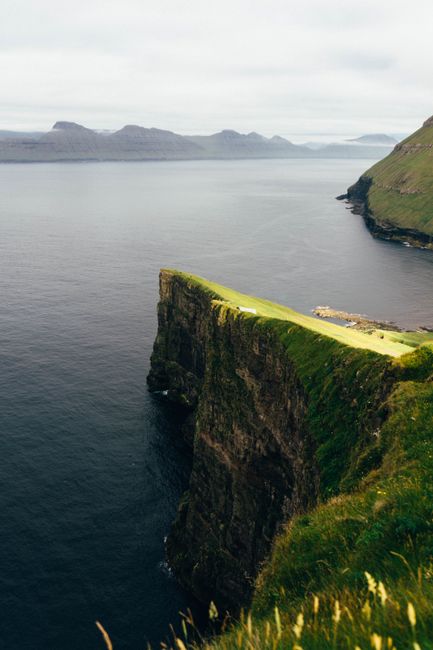 A breathtaking aerial view of a dramatic cliffside and ocean horizon in the Faroe Islands.