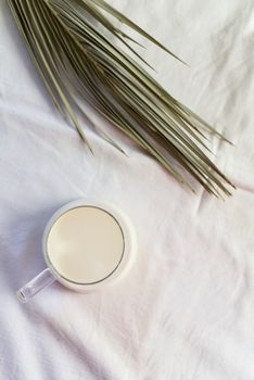 Glass of milk on white fabric with palm leaf for a fresh and natural vibe.