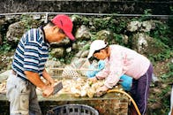 Ethnic workers preparing food in street