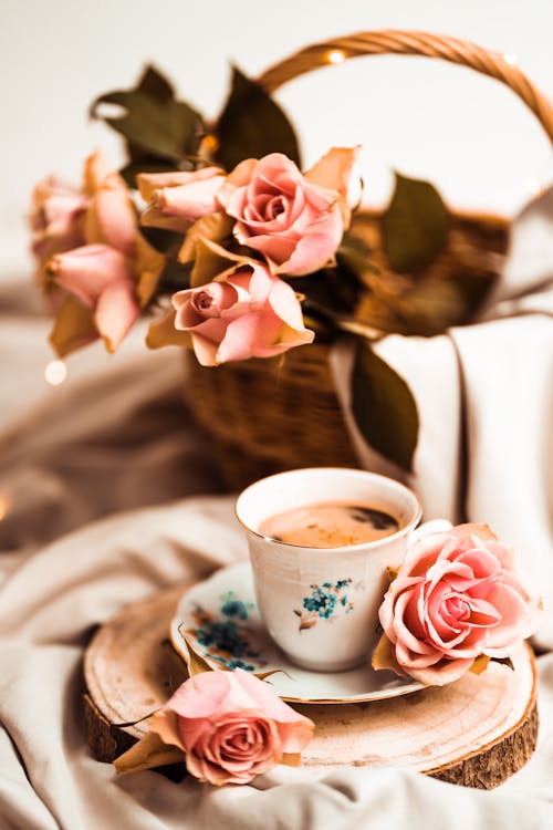 Floral Ceramic Teacup on White Ceramic Saucer