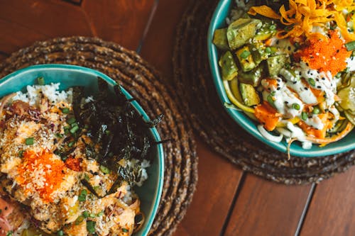 Blue Ceramic Bowls With Food