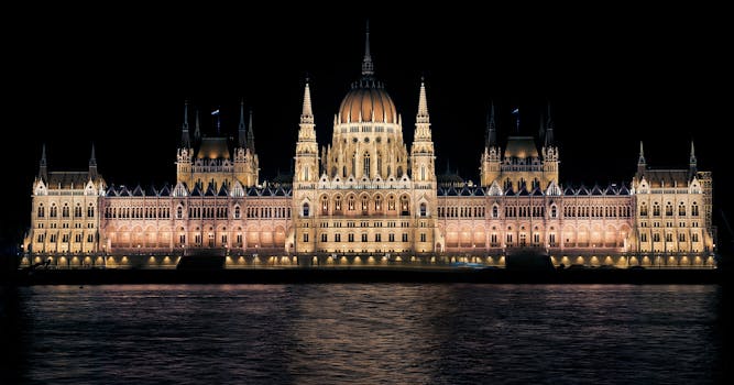 Elegant night view of the illuminated Hungarian Parliament Building in Budapest.