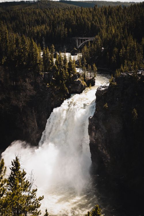 Free A breathtaking waterfall cascades through an evergreen forest under a clear sky. Stock Photo