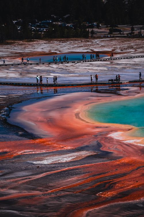 Aerial view of the colorful Grand Prismatic Spring in Yellowstone National Park