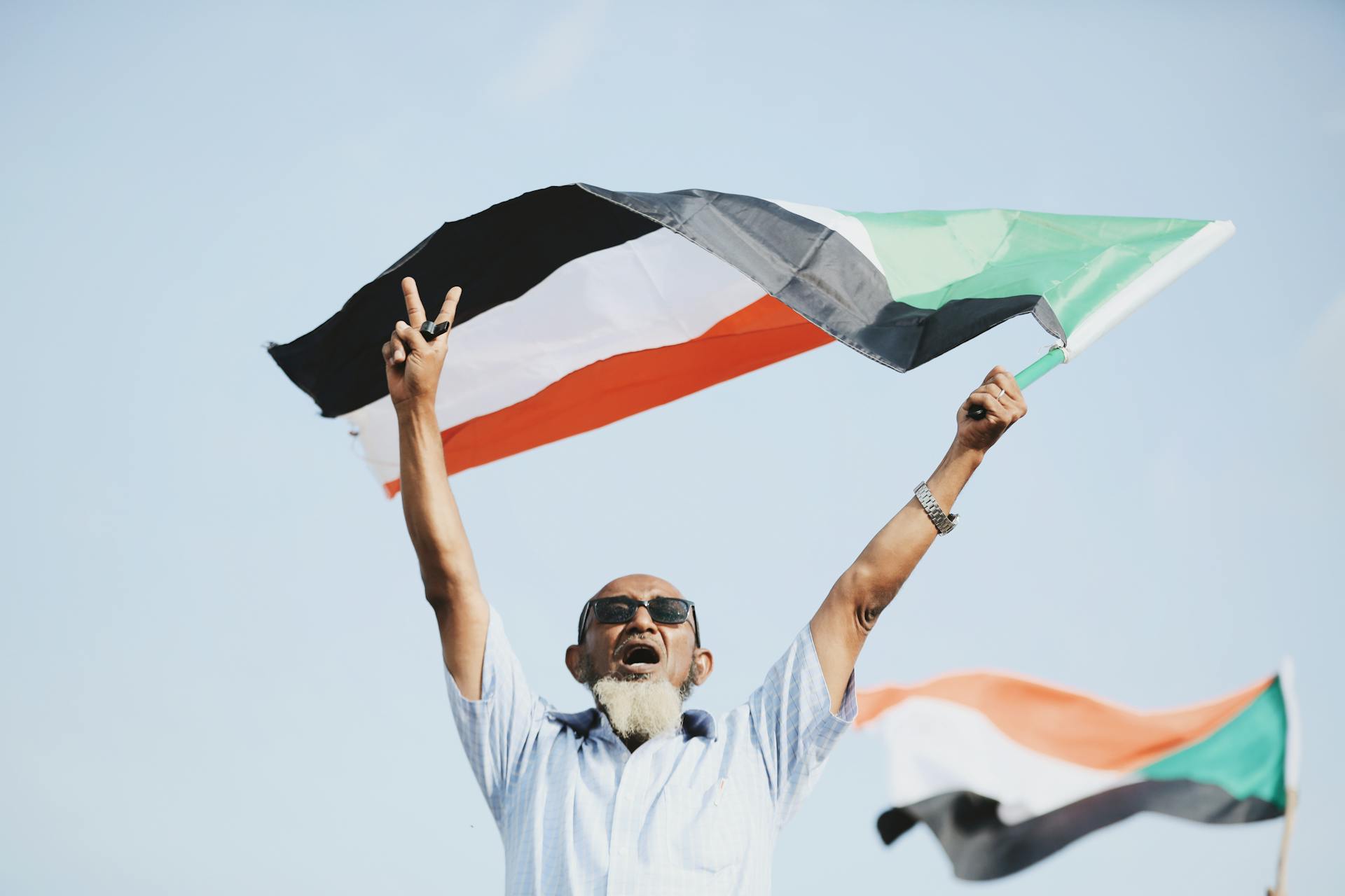 A joyful man holds the Sudanese flag, celebrating outdoors with a victory sign.