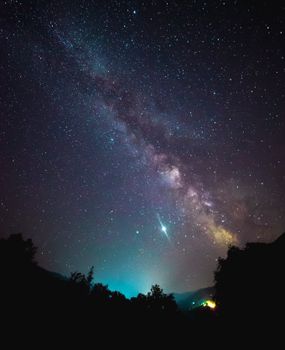 透过树木的轮廓，银河系的壮丽景观照亮了夜空