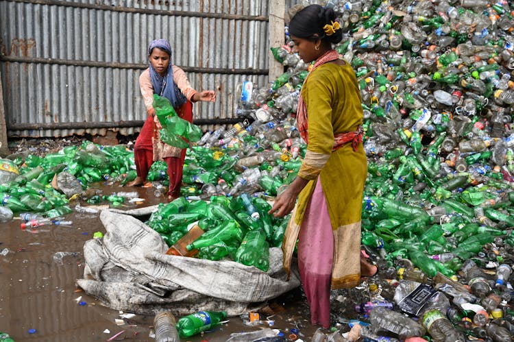 Women Putting The Plastic Bottles In The Sack