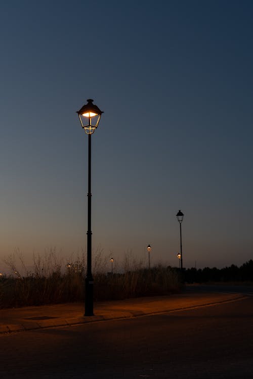 akşam gökyüzü, dikey atış, lamba direkleri içeren Ücretsiz stok fotoğraf