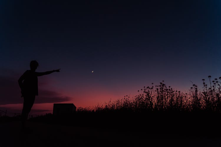 Silhouette Of A Person Standing On The Grass Field While Pointing The Moon In The Sky