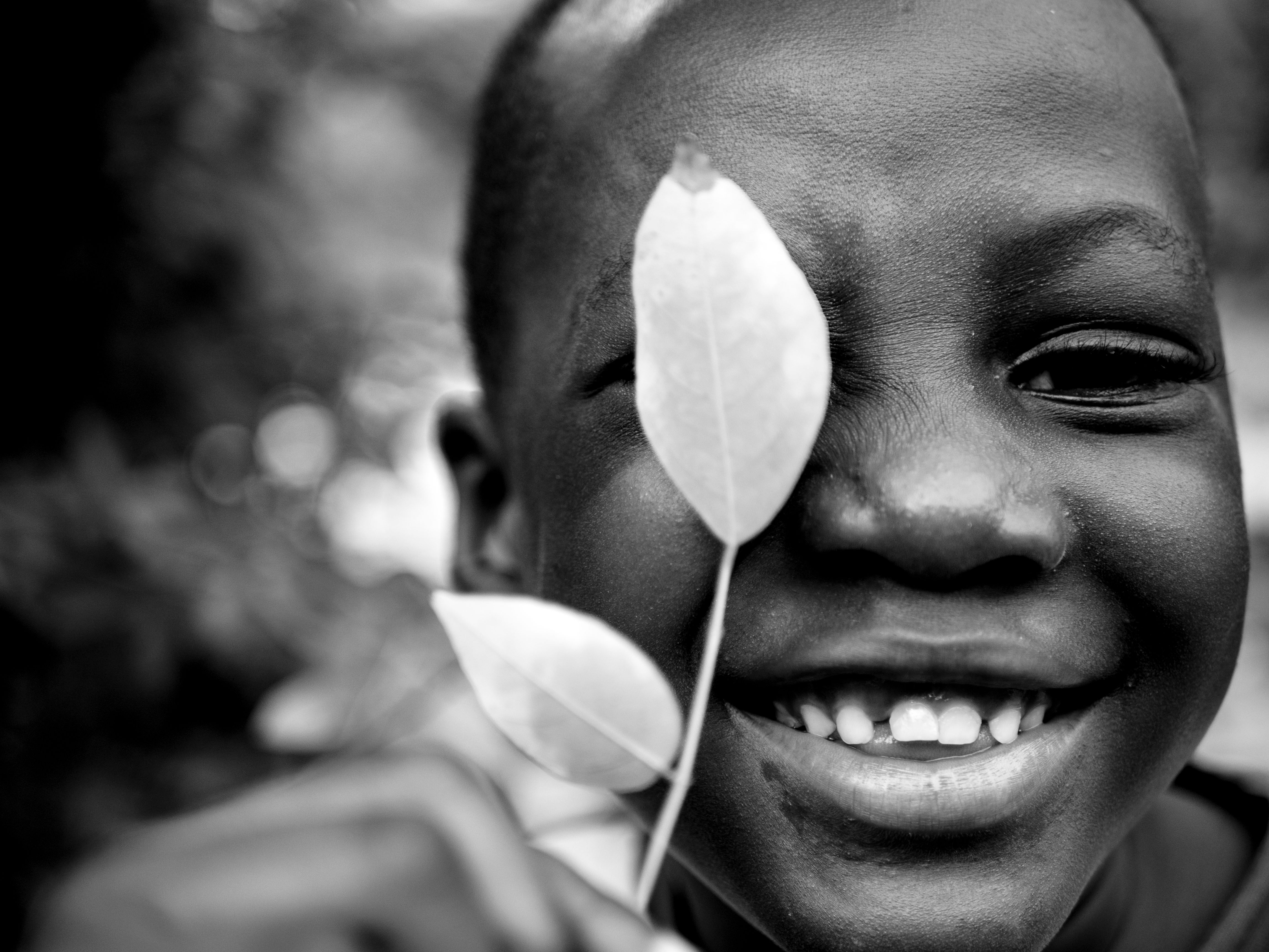 Grayscale Photo of a Boy Holding Leaf on His Face · Free Stock Photo