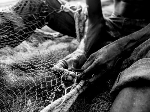 Free Black and white image of hands skillfully repairing a fishing net, depicting traditional craftsmanship. Stock Photo