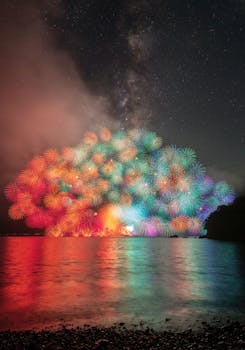 绚烂的烟花照亮夜空，倒映在平静的湖面上