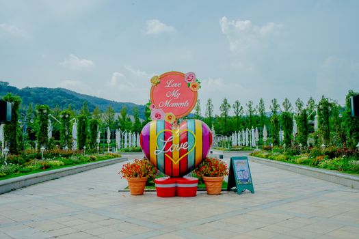 在美丽的花园中，心形装饰充满活力，与“爱我的时刻”文字相映成趣