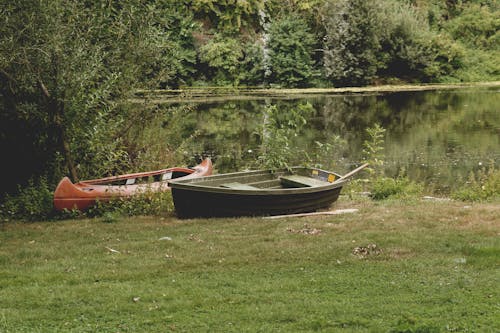 免费 两个黑色和红色的什锦的小船在草地上 素材图片