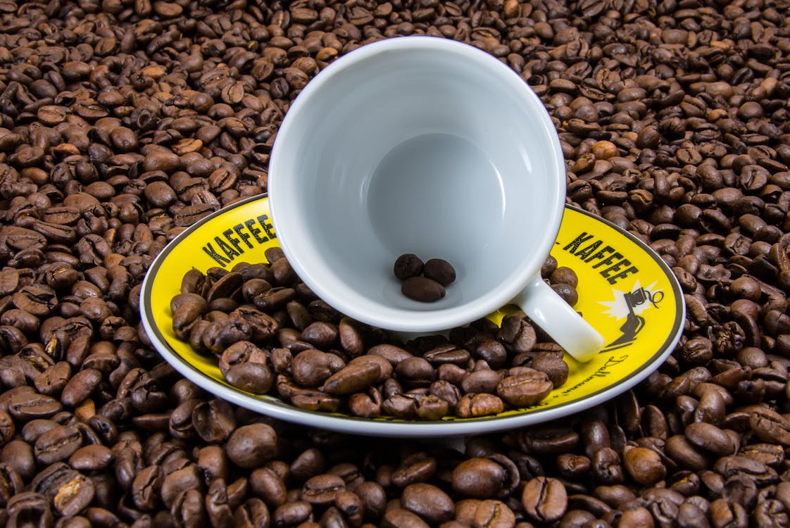 Free White Ceramic Cup on Yellow Plate With Coffee Beans Stock Photo